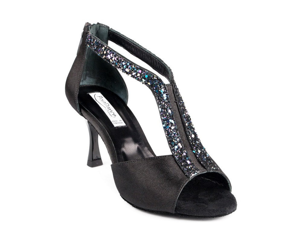 Schwarze Sandale mit hohem Absatz, Portdance PD806, mit silbernem Glitzerriemen, Reißverschluss und offenem Zehendesign.